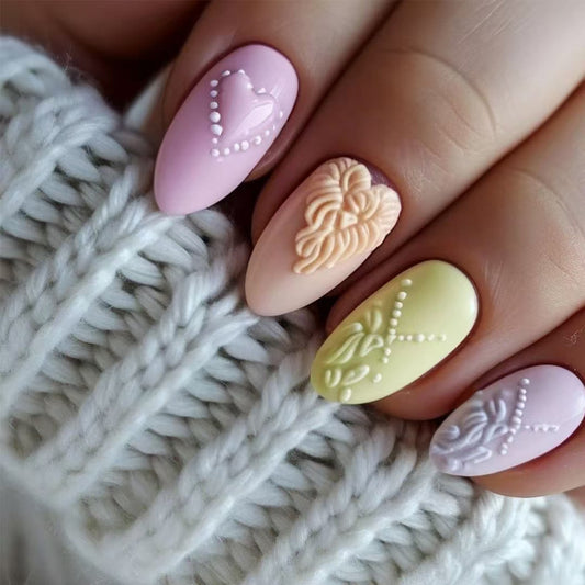 Charming Pastel Medium Almond Press On Nail Set with Textured Heart and Floral Designs