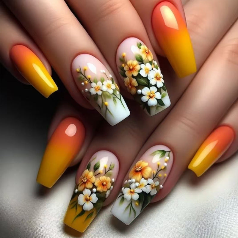 Sunshine Blossom Long Coffin Yellow and White Floral Design Press On Nail Set