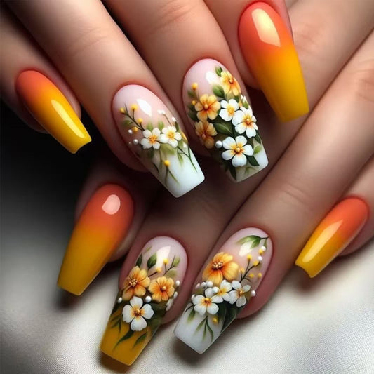 Sunshine Blossom Long Coffin Yellow and White Floral Design Press On Nail Set