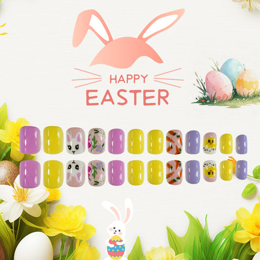 Easter Delight Medium Square Lavender Yellow with Whimsical Bunny and Floral Designs Press On Nail Set