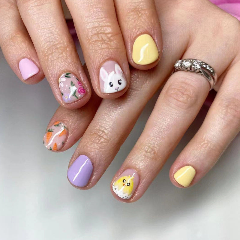 Whimsical Spring Inspired Short Square Pastel Colors with Adorable Animal Artistry Press-On Nail Set