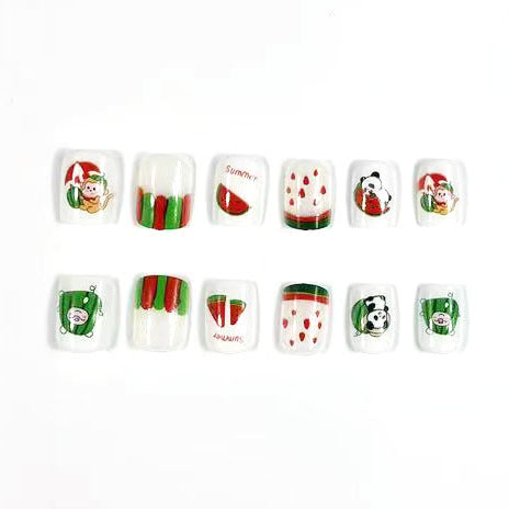 Summer Watermelon Themed Press On Nail Set Medium Square Green and Red with Fun Fruit Designs
