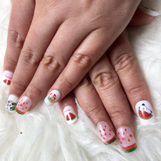 Summer Watermelon Themed Medium Square White Press On Nail Set with Red and Green Fruit Design