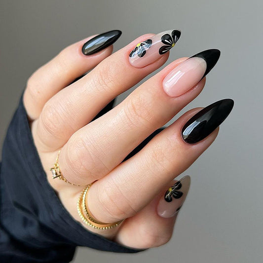 Gothic Elegance Long Almond Black and Beige Press On Nail Set with Floral Accent Design