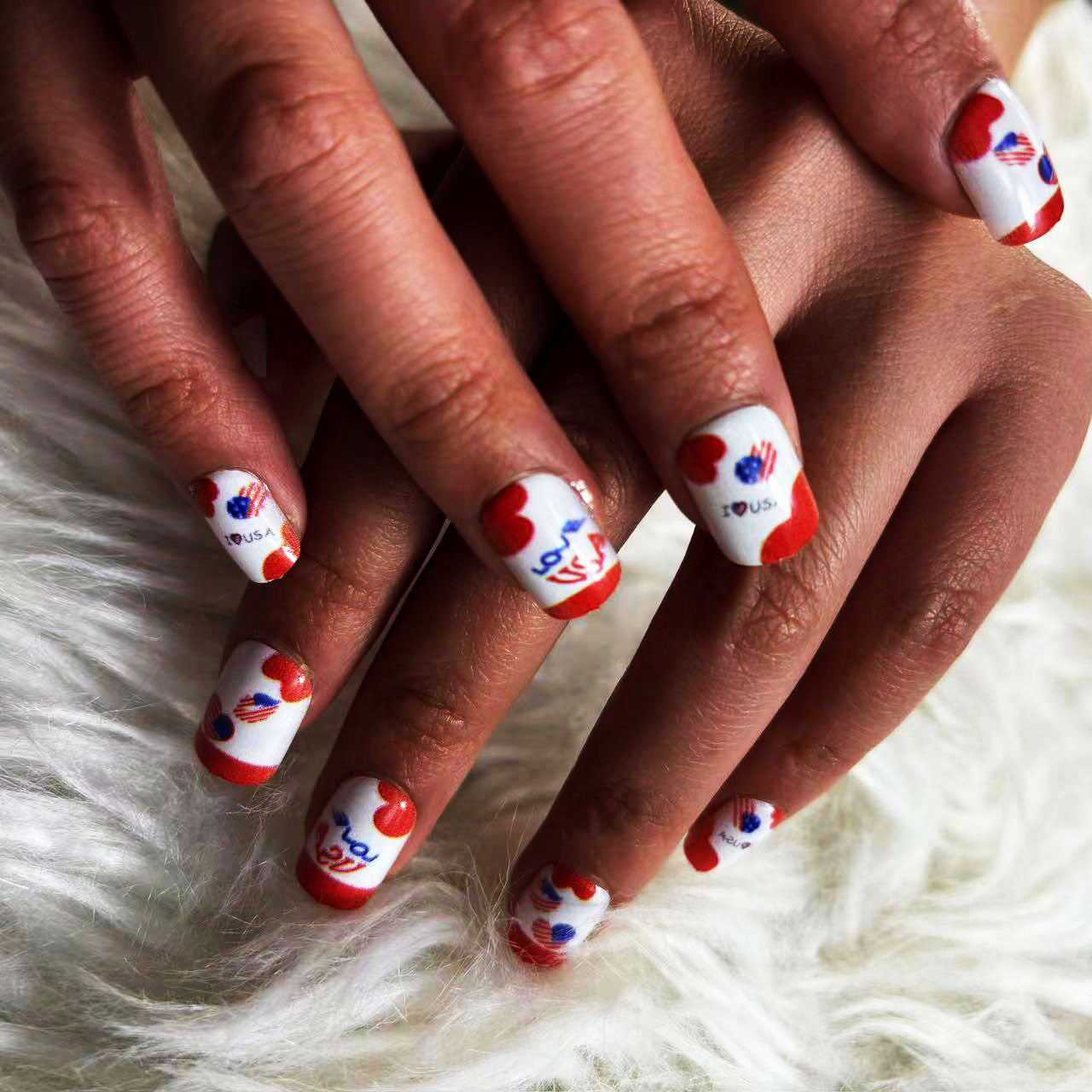 Patriotic Love Heart Medium Square Red White and Blue Press On Nail Set with Fun Message Designs