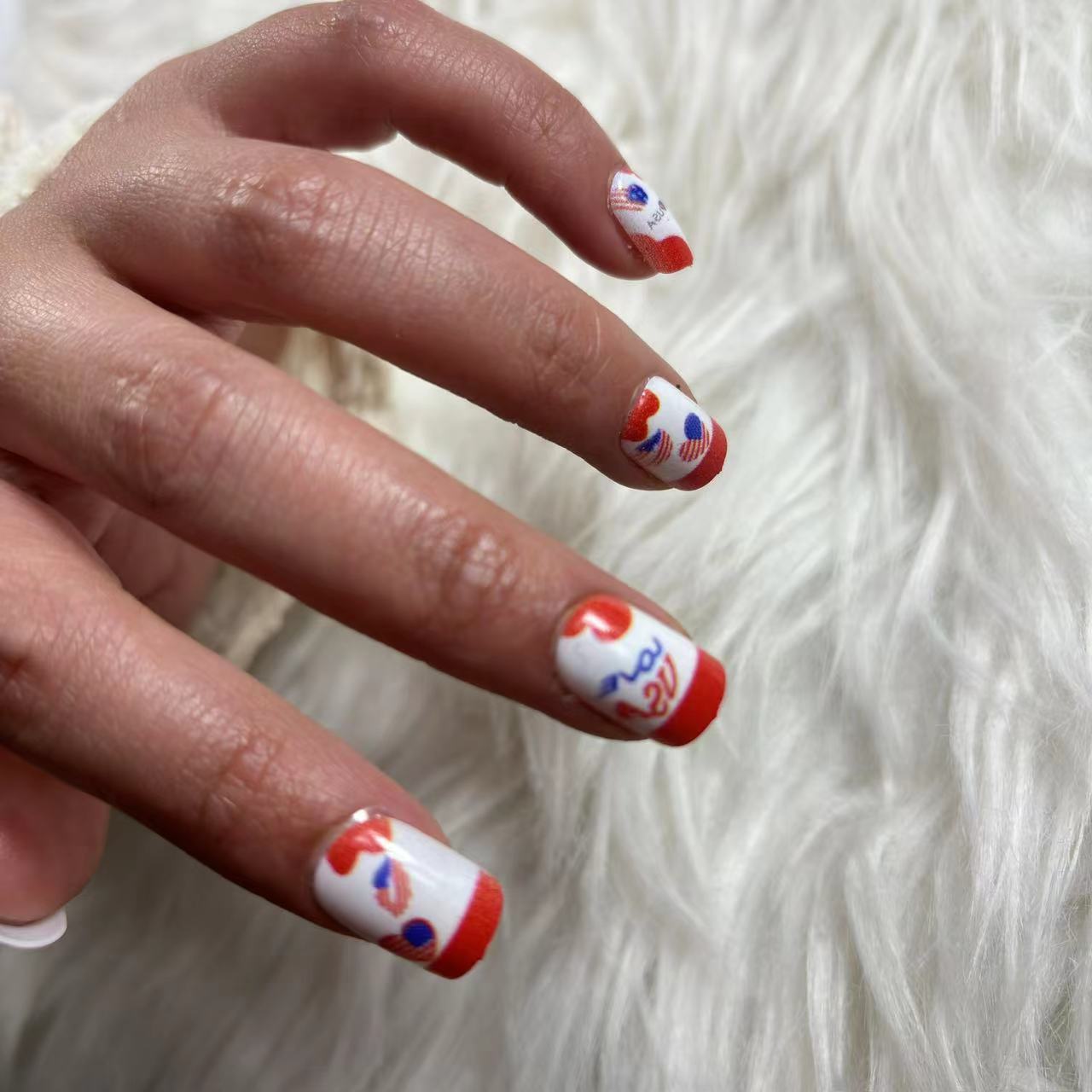 Tropical Beach Vibe Medium Square Shape Red White and Blue Press On Nail Set with Unique Wave Design