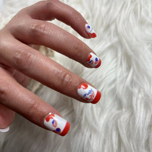 Tropical Beach Vibe Medium Square Shape Red White and Blue Press On Nail Set with Unique Wave Design