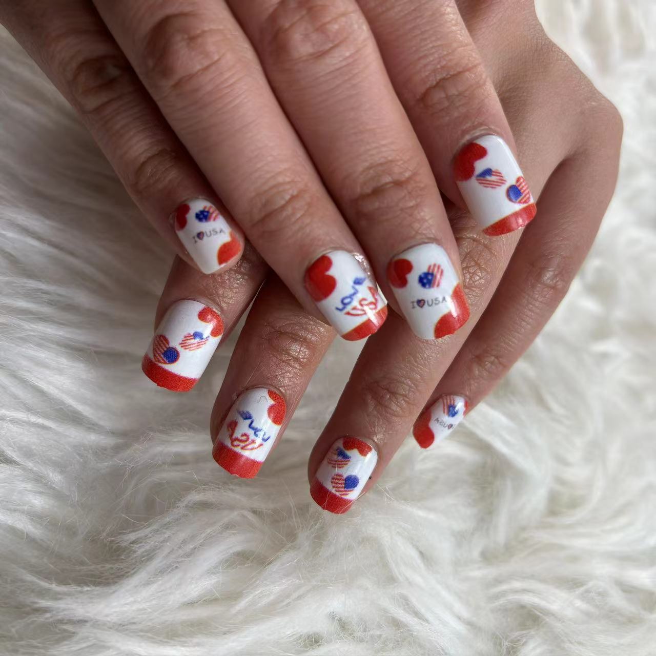 Patriotic Love Press On Nail Set Medium Square White Red and Blue Heart Design Perfect for Celebrations