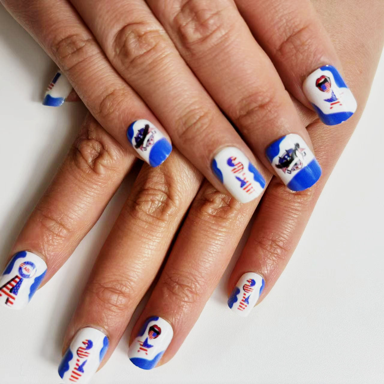 Nautical Adventure Square Medium Blue and White Press On Nail Set with Fun Beach and Wave Designs