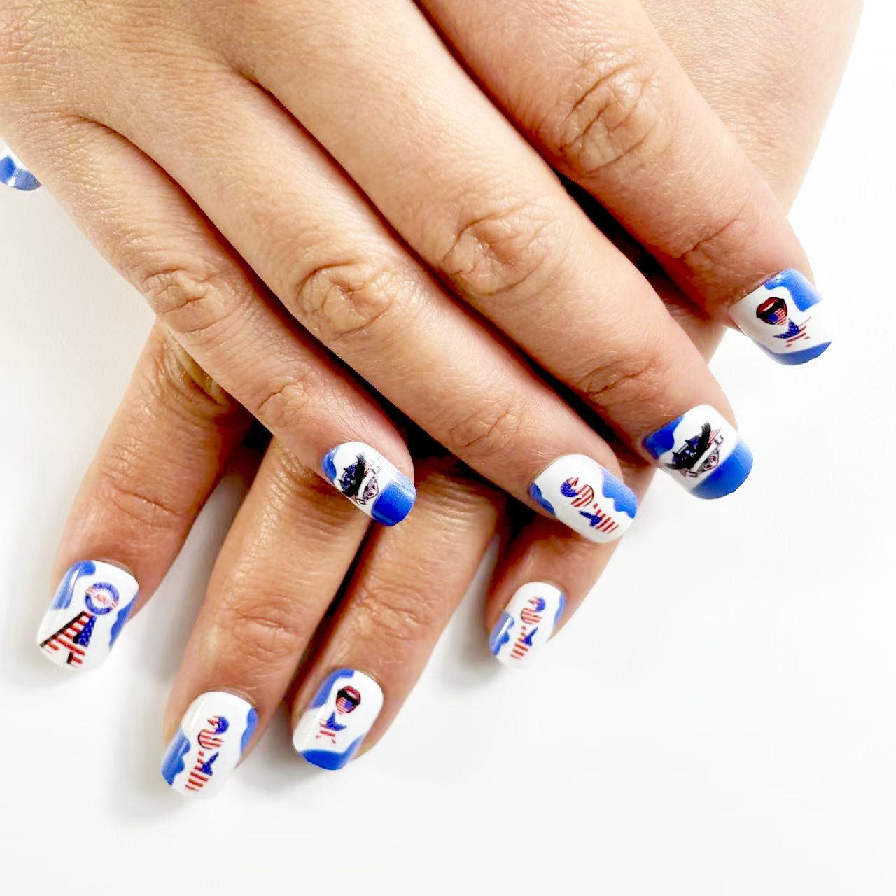 Nautical Charm Square Press On Nail Set Medium Blue and White with Whimsical Marine Designs