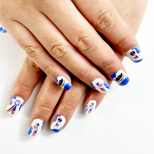 Nautical Charm Square Press On Nail Set Medium Blue and White with Whimsical Marine Designs