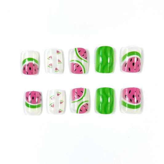 Summer Vibes Square Medium Pink and Green Watermelon Press On Nail Set with Unique Fruit Patterns