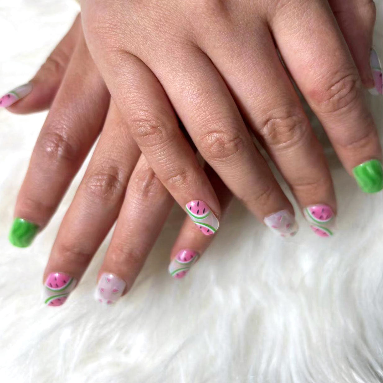 Watermelon Paradise Medium Square Green Pink Press On Nail Set with Unique Fruit Slice Design
