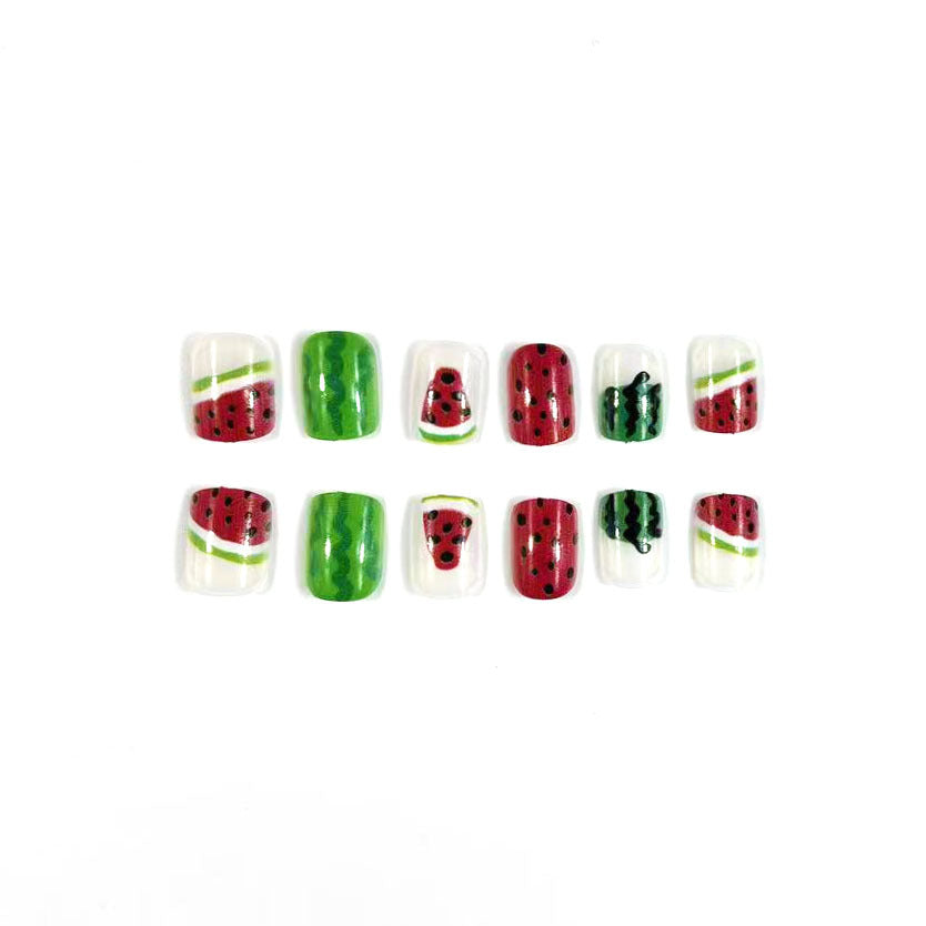 Watermelon Delight Medium Square Red and Green Press On Nail Set with Fun Fruit Designs