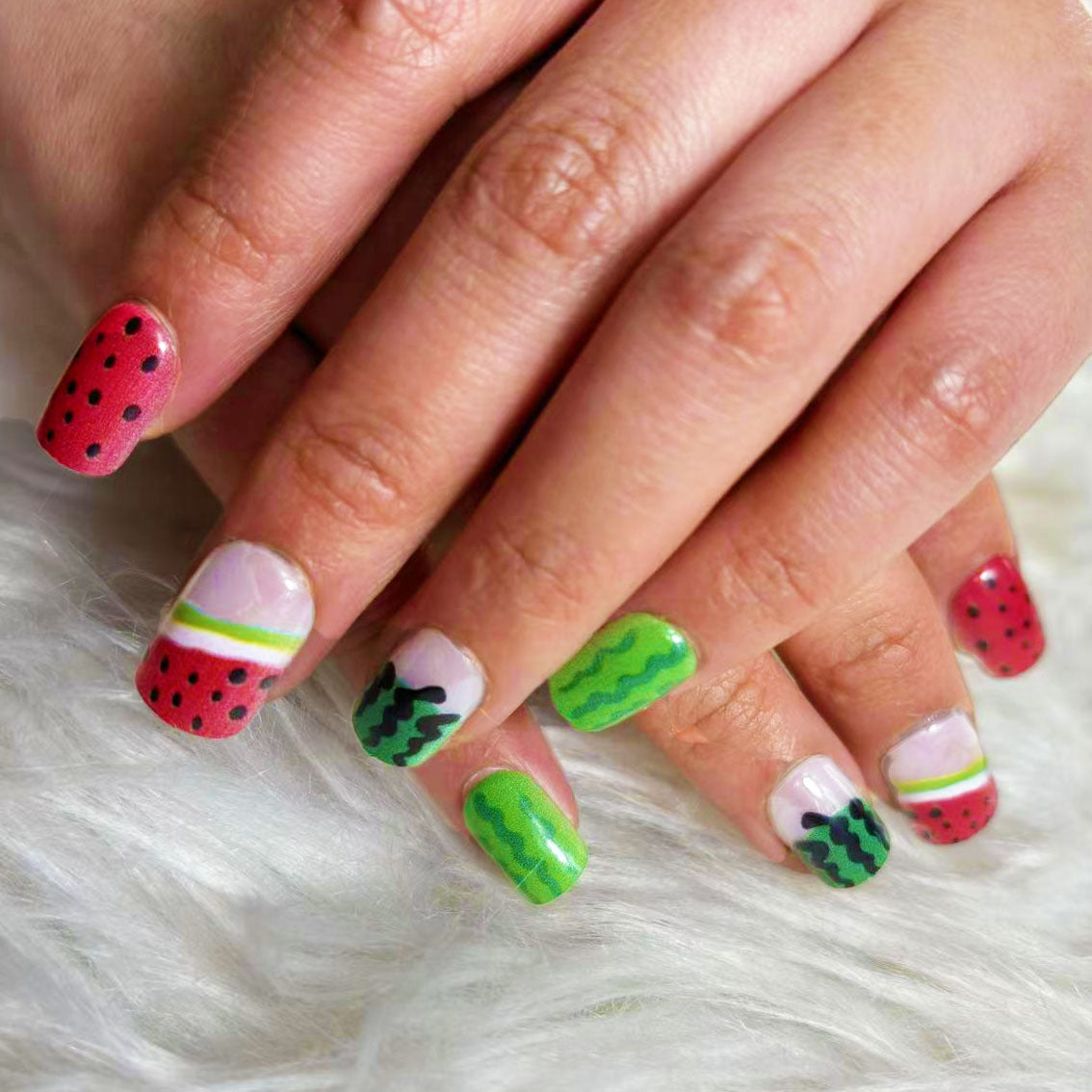 Watermelon Fiesta Medium Square Red Green Fun Press On Nail Set