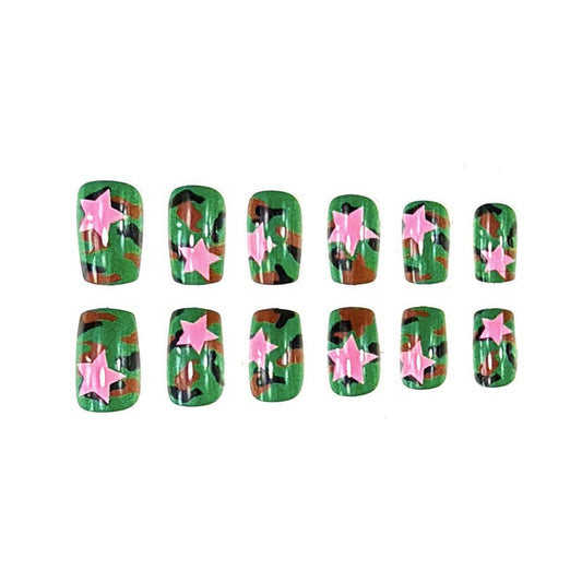 Camo Chic Long Square Green and Brown Press On Nail Set with Pink Star Accents