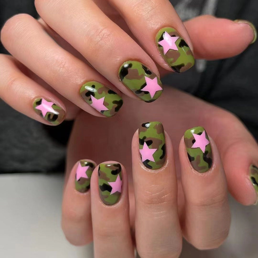 Camouflage Adventure Long Square Green and Pink Star Press On Nail Set