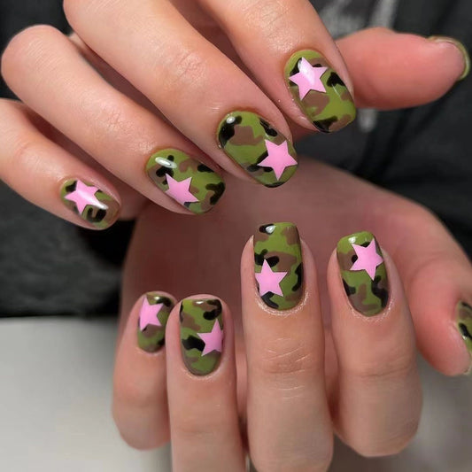 Camouflage Adventure Long Square Green and Pink Star Press On Nail Set
