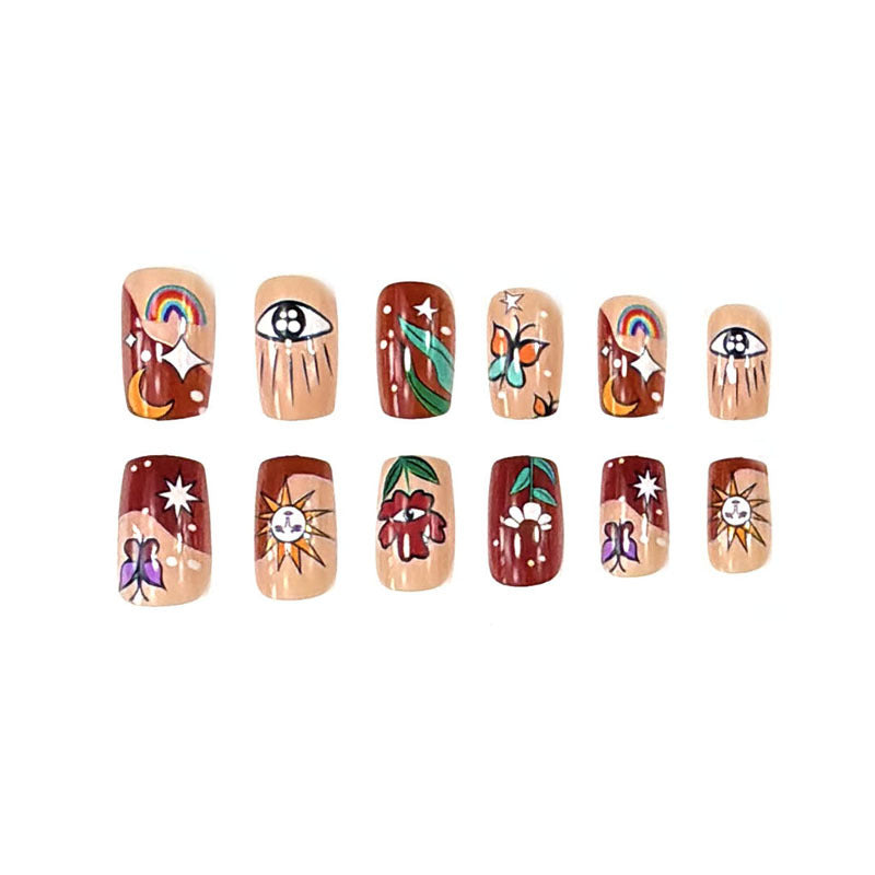 Mystical Dreams Long Square Brown Floral and Celestial Print Press On Nail Set