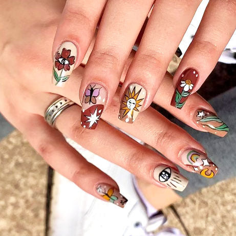 Bohemian Dream Floral Press On Nail Set Long Square Multicolor with Artistic Hand-Painted Designs