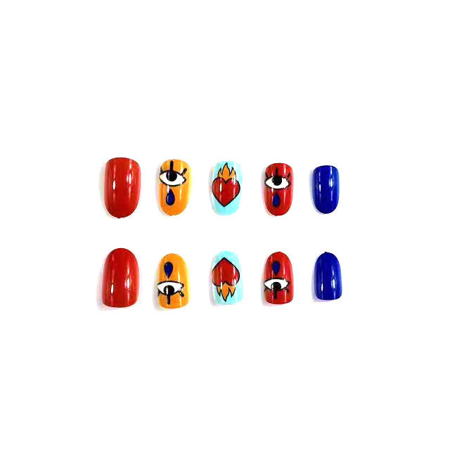 Bohemian Dreams Press On Nail Set Medium Oval Red Yellow Blue with Eye and Heart Artistic Designs