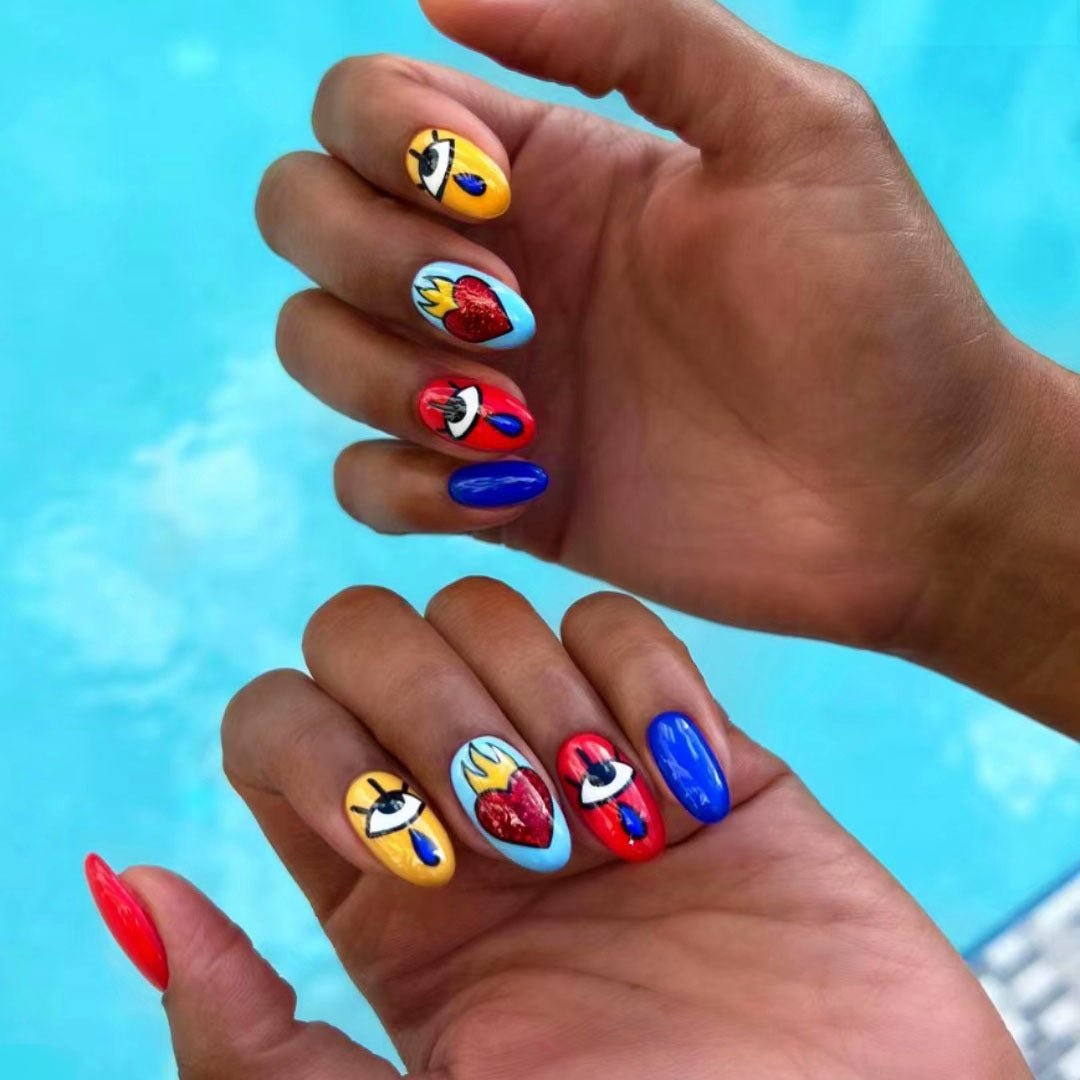 Playful Colorful Oval Press On Nail Set Medium Vibrant Artistic Designs
