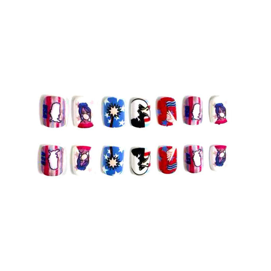 Comic Book Glamour Short Square Bold Colorful Design Press On Nail Set with Unique Pop Art Illustrations