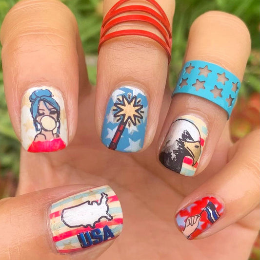 Patriotic Celebration Short Square Red and Blue Press On Nail Set with Unique USA Themed Art