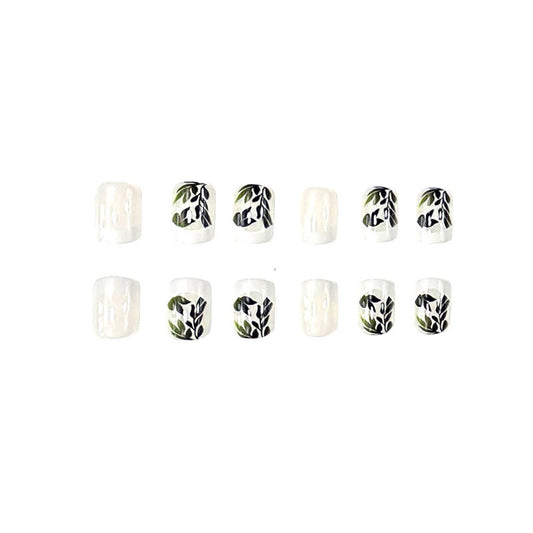 Botanical Bliss Medium Square White Green Leaf Press On Nail Set for Stunning Floral Elegance