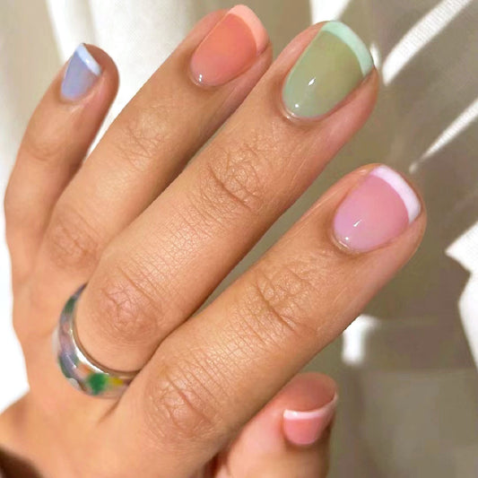 Dreamy Pastel Square Press On Nail Set Short Shiny Multi-Color with Unique Ombre Tips