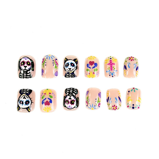 Whimsical Day of the Dead Short Oval Pink Floral and Skeleton Press On Nail Set