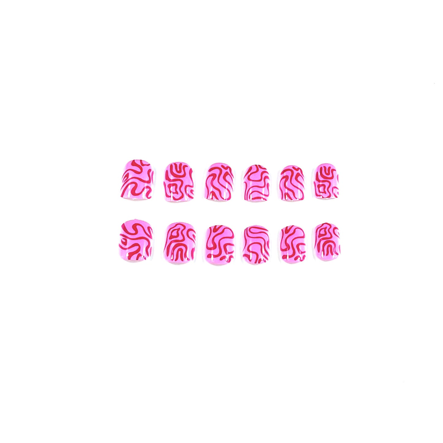 Playful Pink Swirl Medium Square Press On Nail Set with Abstract Red Design