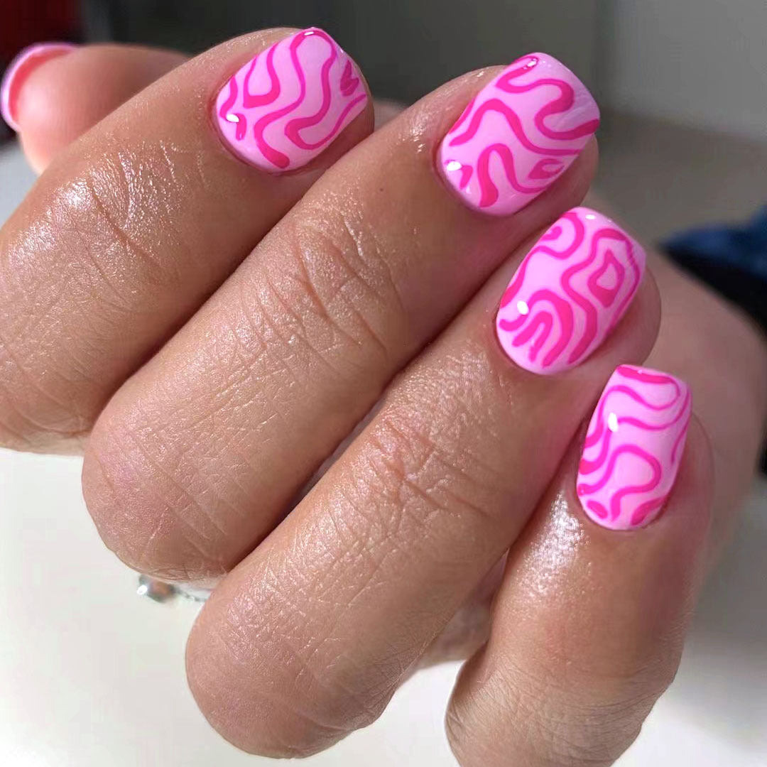 Whimsical Pink Swirl Medium Square Press On Nail Set with Glossy Finish