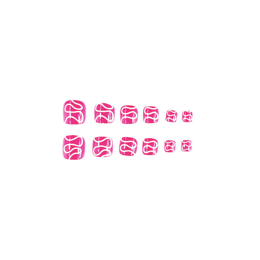 Sweet Candyland Short Square Bright Pink Nail Set with Swirly White Designs