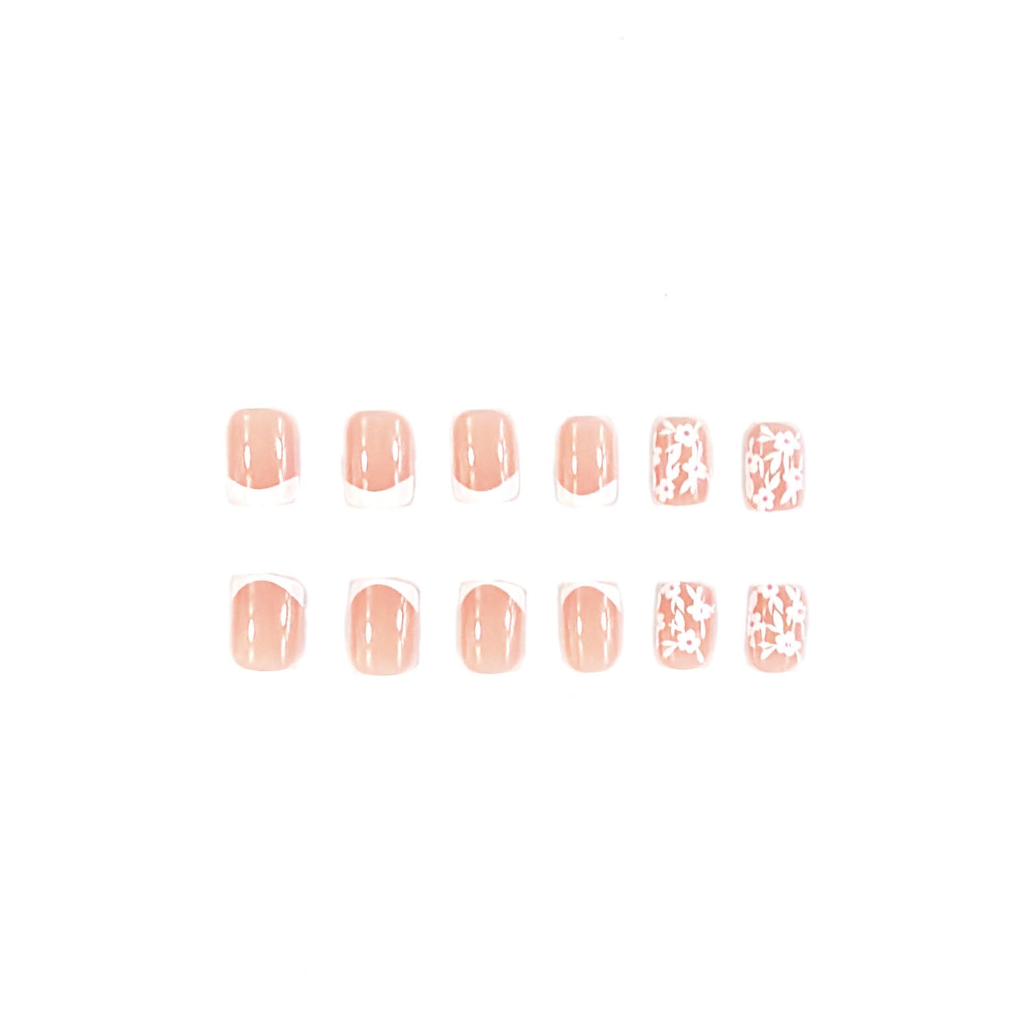 Floral Elegance Short Square Beige Press On Nail Set with White Floral Design