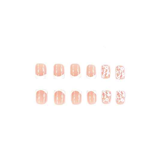 Floral Elegance Short Square Beige Press On Nail Set with White Floral Design