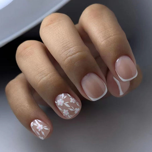 Floral Serenity Press On Nail Set Long Square Clear with White French Tips and Delicate Flower Design