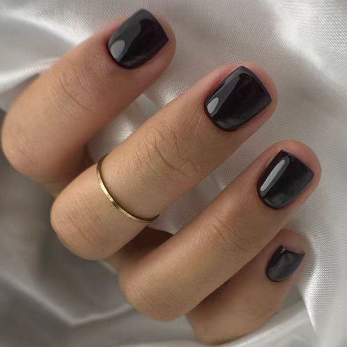 Mystical Midnight Square Short Glossy Black Press On Nail Set with Easy Application