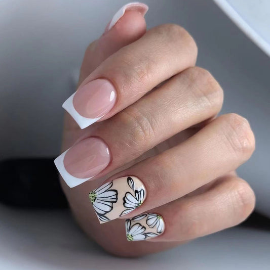 Floral Elegance Medium Square Glossy Pink and White Press On Nail Set with Hand-Painted Daisy Design