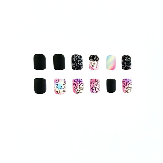 Artistic Whimsy Medium Square Black and Pastel Matte Press On Nail Set with Unique Abstract Design