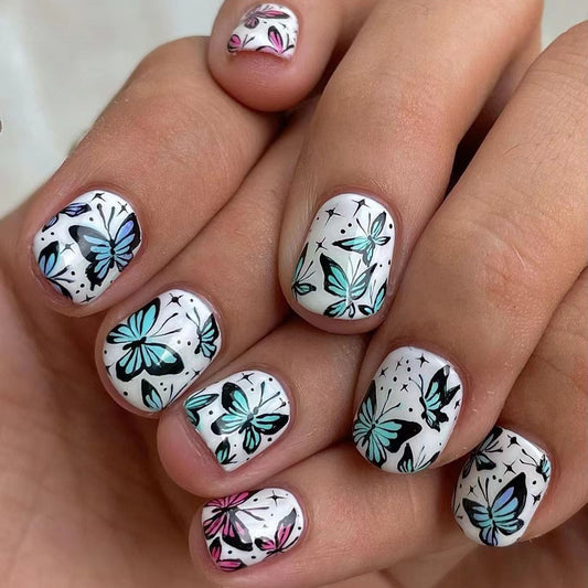 Butterfly Garden Short Oval White and Teal Press On Nail Set with Unique Floral Design