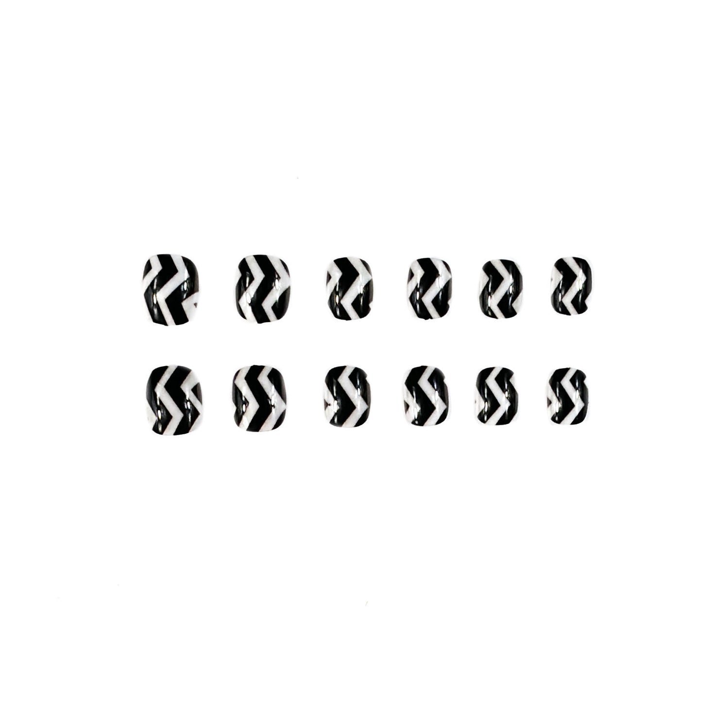 Chic Monochrome Style Short Square Black and White Chevron Press On Nail Set with Glossy Finish