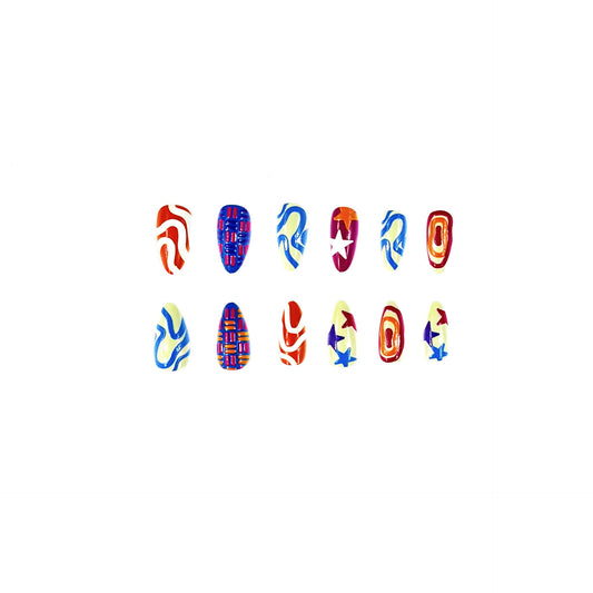 Creative Summer Dream Long Almond Colorful Graphic Press On Nail Set with Unique Artistic Patterns