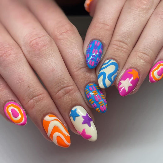 Retro Fun Colorful Almond Press On Long Nail Set with Unique Swirl and Star Designs in Bright Orange Blue and Pink