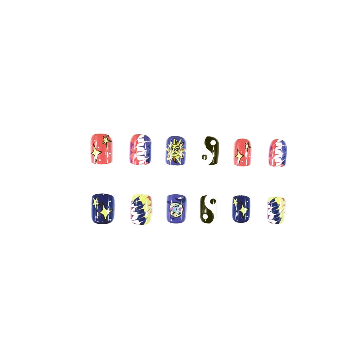 Celestial Dreams Short Oval Colorful Nail Set with Star and Yin Yang Designs