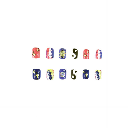 Celestial Dreams Short Oval Colorful Nail Set with Star and Yin Yang Designs