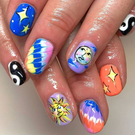 Celestial Dream Press On Nail Set Short Oval Multicolored Artistic Design with Sun and Moon Themes