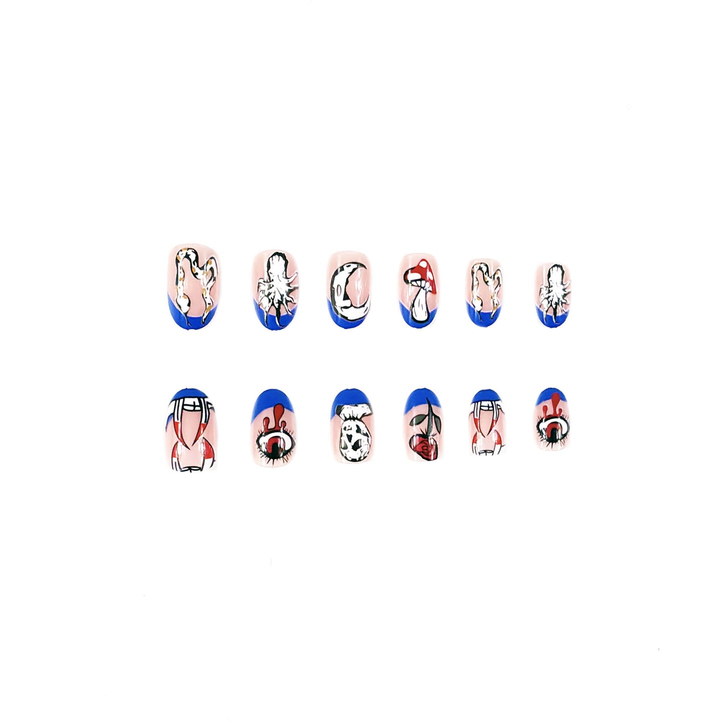 Artistic Wonderland Medium Oval Blue and Pink Press On Nail Set with Unique Abstract Designs
