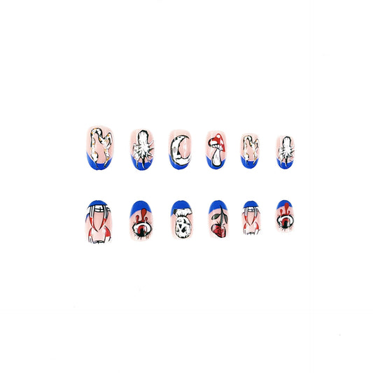 Artistic Wonderland Medium Oval Blue and Pink Press On Nail Set with Unique Abstract Designs