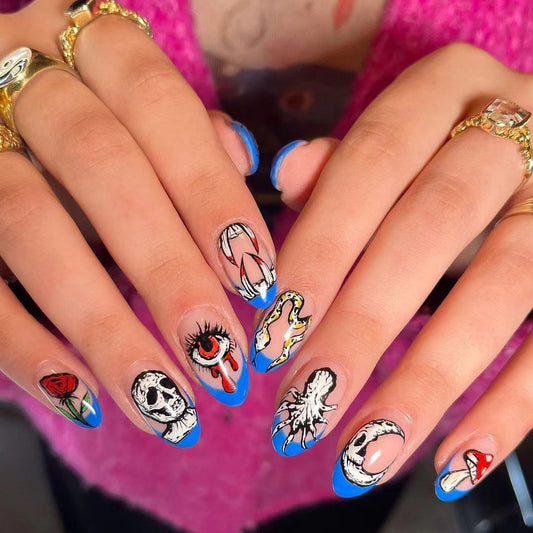 Gothic Artistry Medium Oval Blue and Clear Colorful Press on Nail Set with Unique Horror Themed Designs